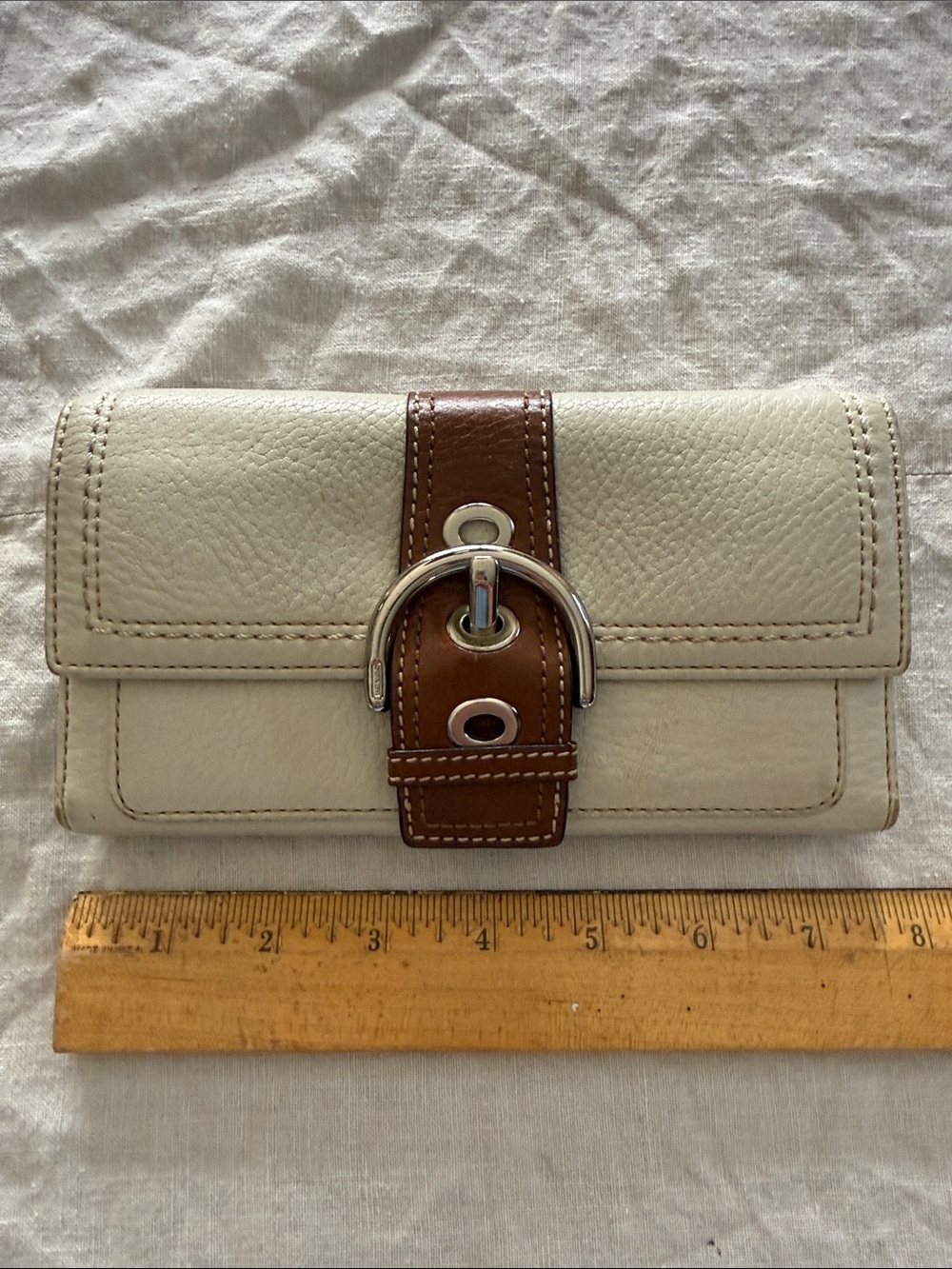Coach cream & Brown Leather Buckle Wallet